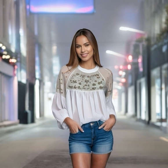 Women’s Top FREE PEOPLE Have It My Way Shirt Beads Embroidered Mutton Sleeve Top - Picture 1 of 10
